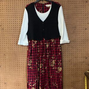 Vintage Christmas Maxi Dress 90s Mom Vest Gingham Check Country Modest Holiday